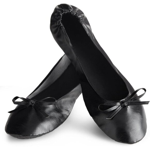 Rose Cheeks Flat Shoes Women Black Soft fabric Portable Ballerina Roll up Shoes - Picture 2 of 9